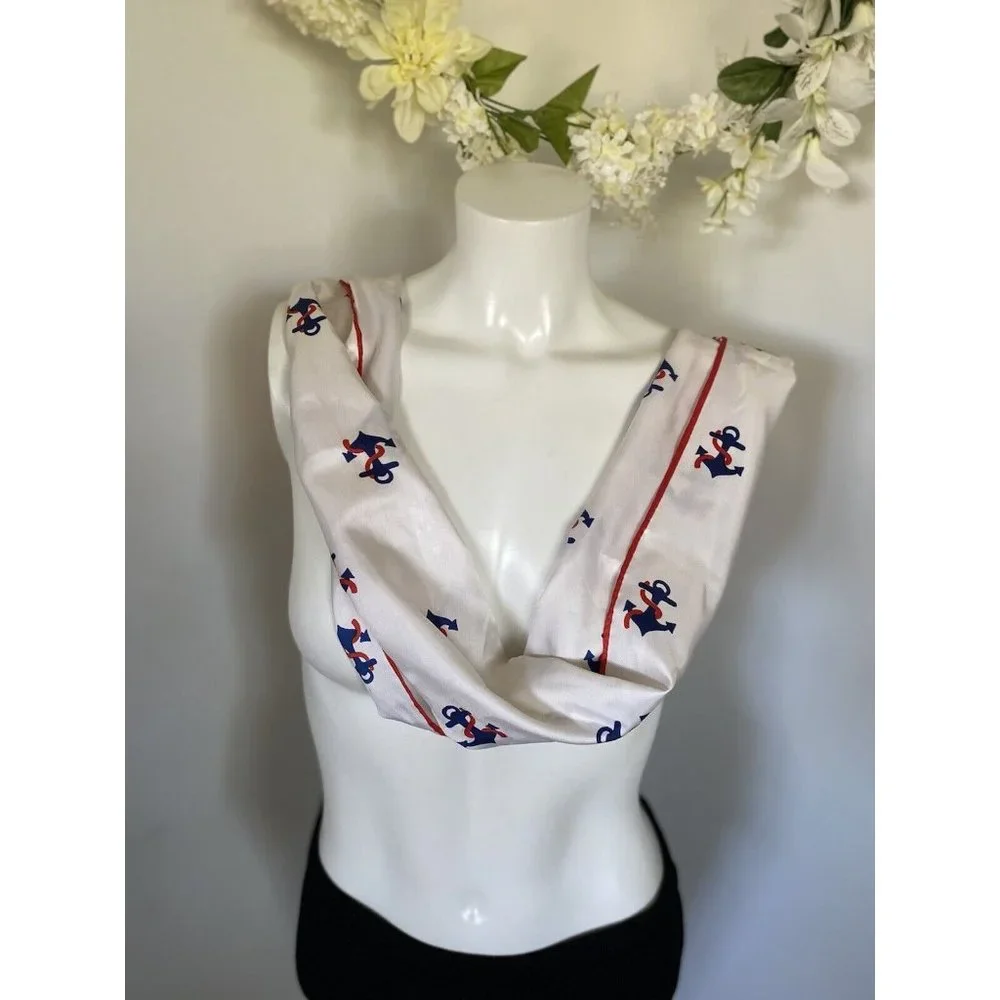 Vintage Nautical Americana Red White‎ Blue Scarf Anchors Silky Fabric 52